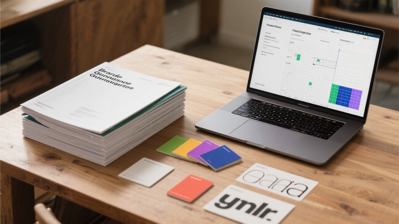 Stack of printed brand guidelines, color cards, and typography samples on a wooden table, with a laptop showing visual identity rules and grid systems.