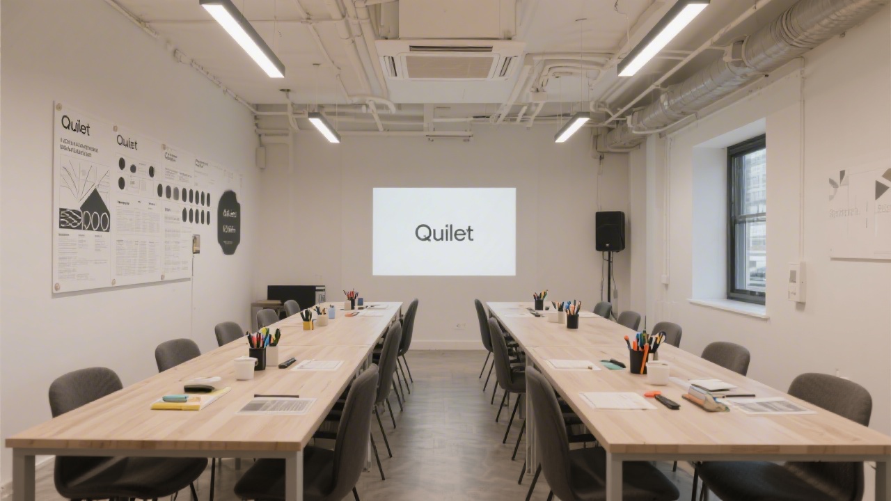 Quiet Dublin studio interior with long tables, wall-mounted brand guidelines, neutral lighting, and design tools arranged for a focused training environment.