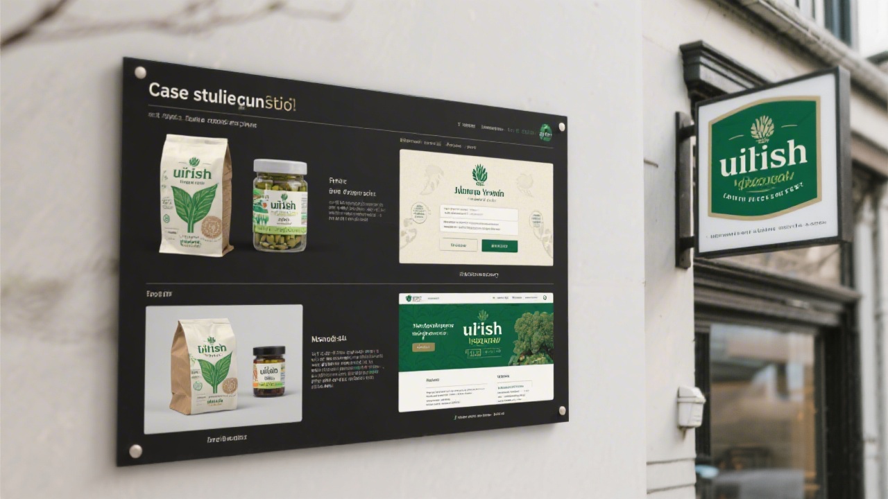 Case study presentation board showing before-and-after brand applications on packaging, website, and signage for a small Irish product brand.