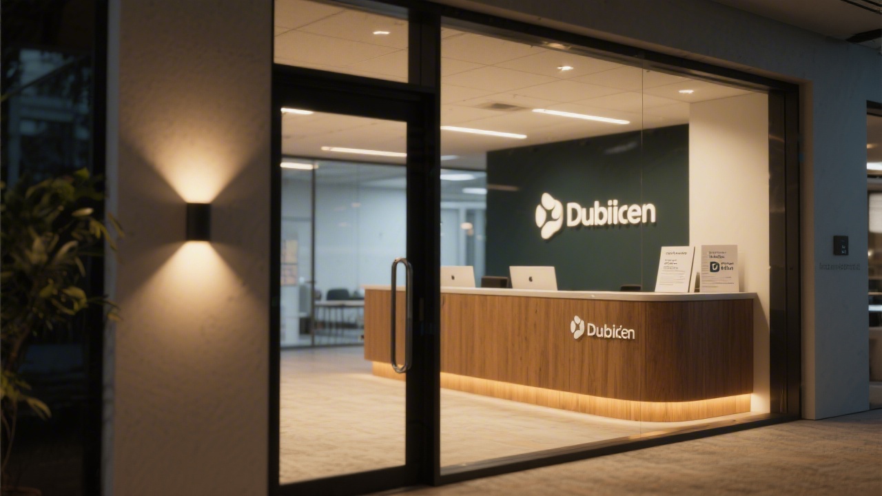 Dublin office entrance with subtle signage, warm lighting, and a reception desk featuring printed brand materials and a calm, professional atmosphere.
