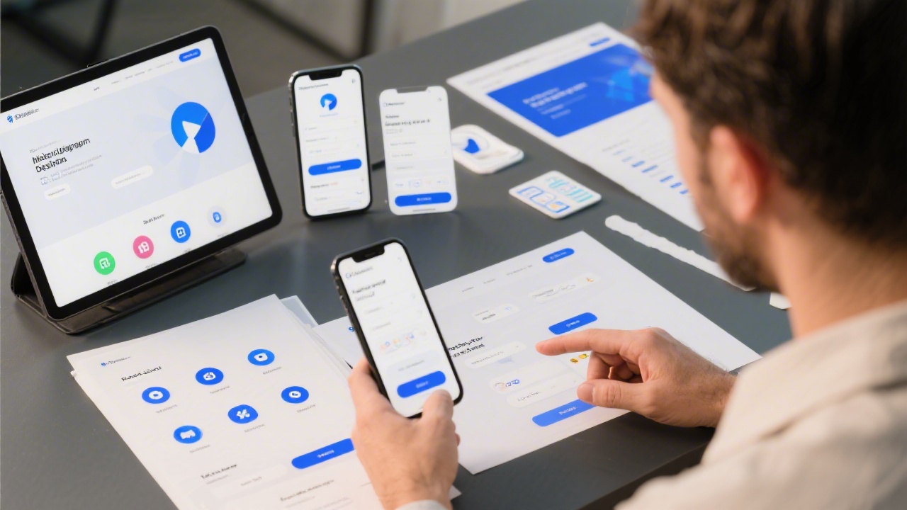 Digital designer reviewing website and mobile mockups for brand consistency, with UI components and icon sets aligned to a brand system.