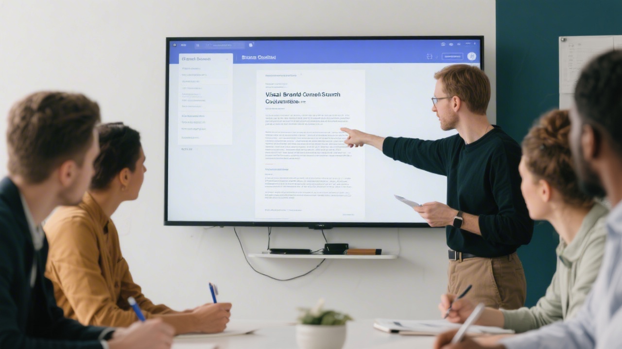 Instructor pointing to a visual brand guideline document on a screen while participants take notes, focusing on clarity and document structure.