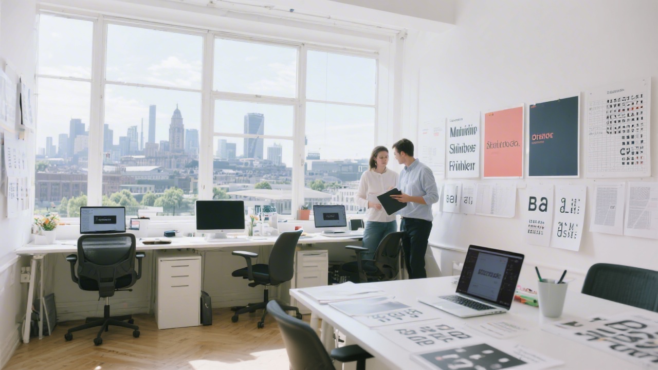 Bright studio workspace with designers reviewing printed brand boards, laptops showing typography grids, and a Dublin city skyline through large windows in the background.