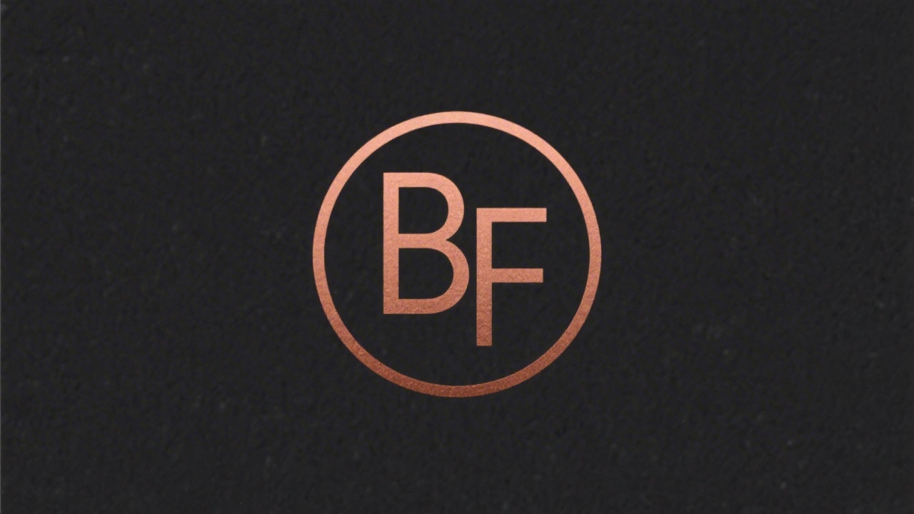 Simple circular logo with a clean monogram BF in copper, modern sans-serif lettering, minimal geometric lines, and a compact balanced shape suitable for a small header.