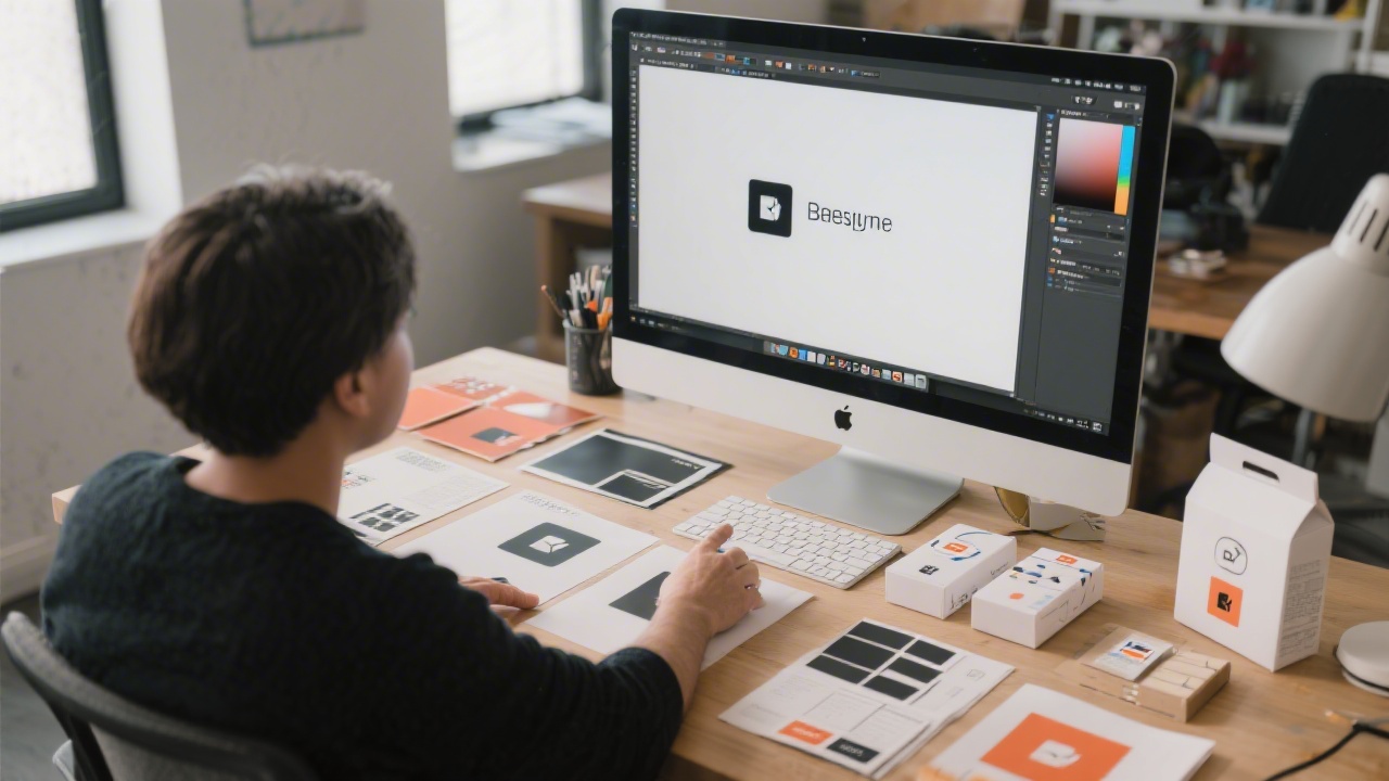 Designer reviewing brand assets on a large monitor with print samples and packaging mockups laid out on a desk, showing consistent visual identity system.