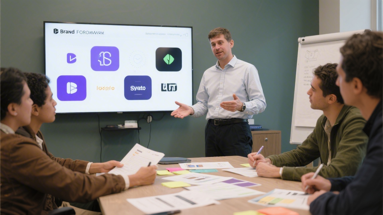 Instructor guiding a small group through brand framework exercises, with a large screen showing identity systems and participants working on worksheets.