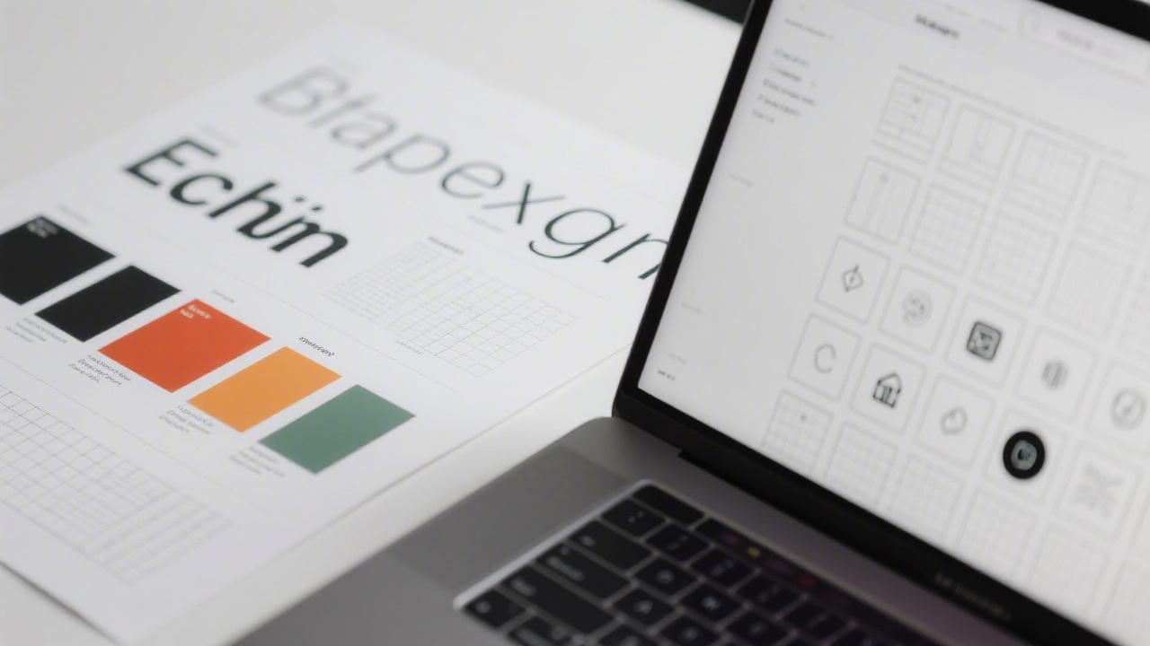 Close-up of typography specimens and color swatches laid beside a laptop showing layout grids and iconography in a minimal visual system.