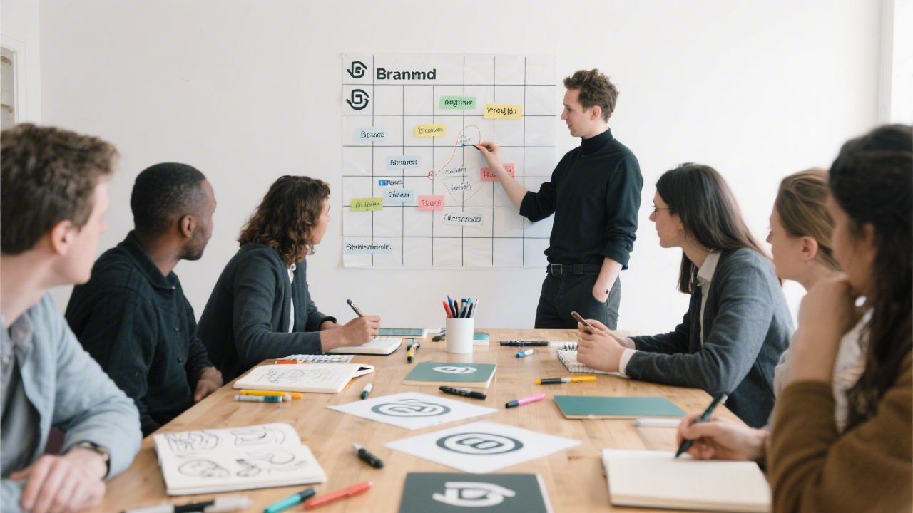 Group workshop table with sketchbooks, markers, printed logos, and participants mapping brand keywords on a wall grid, photographed in a bright Dublin studio.